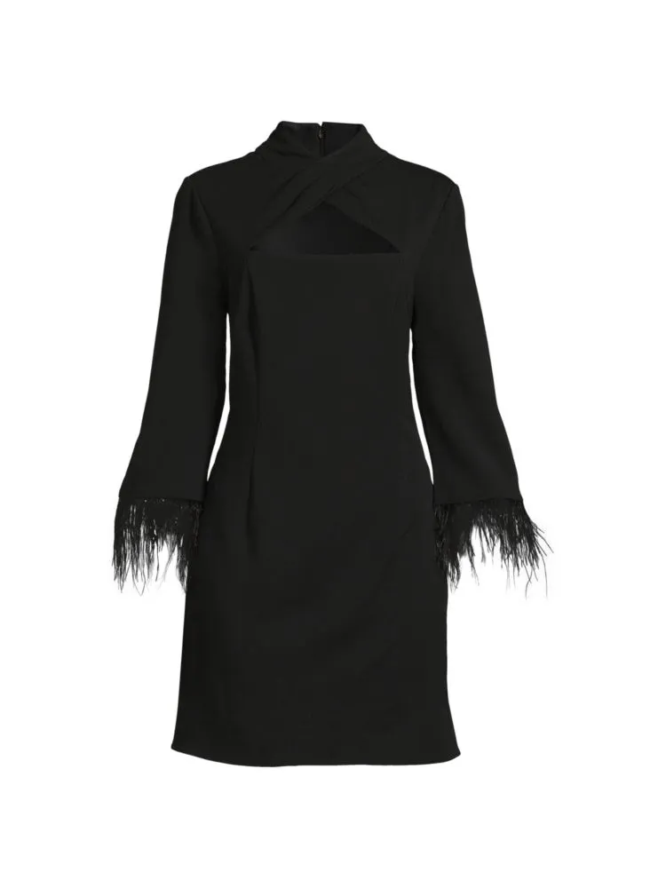 Aidan Mattox Cutout Cuff Mini Dress with Fringe, Black