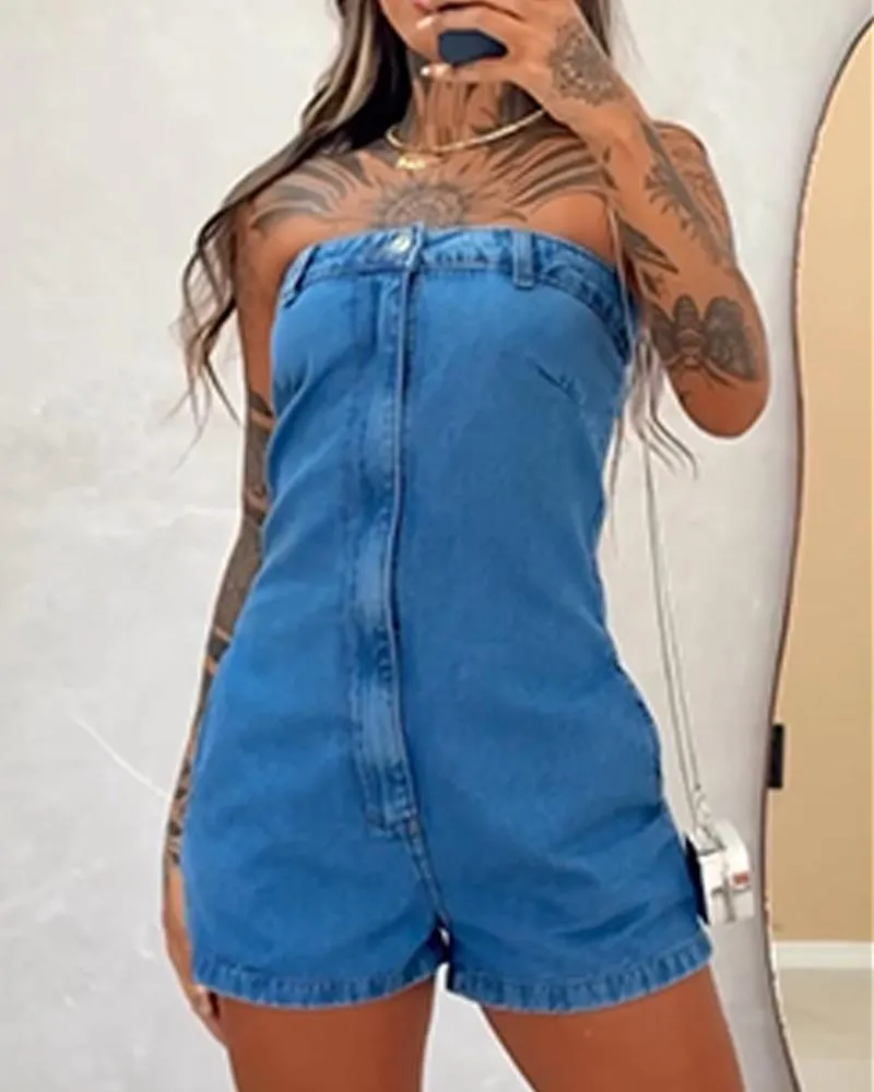 Bandeau Sleeveless Button Design Jean Romper Casual Slim Fit Jumpsuit
