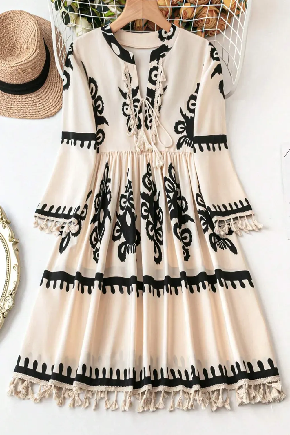 Beige Western Pattern Print Mini Dress