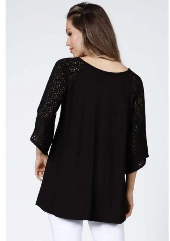 Black Raglan with Eyelet Bell Sleeves Made in USA - Clearance Final Sale