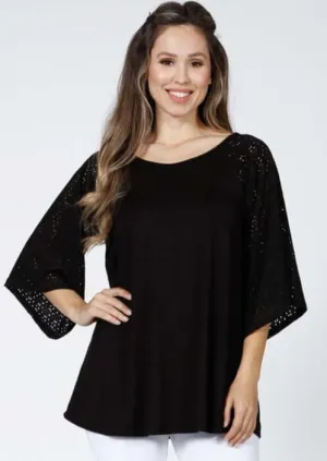 Black Raglan with Eyelet Bell Sleeves Made in USA - Clearance Final Sale
