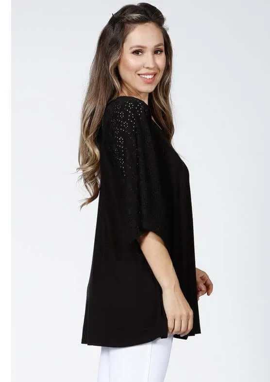 Black Raglan with Eyelet Bell Sleeves Made in USA - Clearance Final Sale
