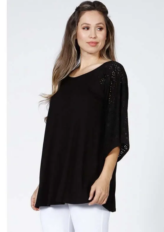 Black Raglan with Eyelet Bell Sleeves Made in USA - Clearance Final Sale