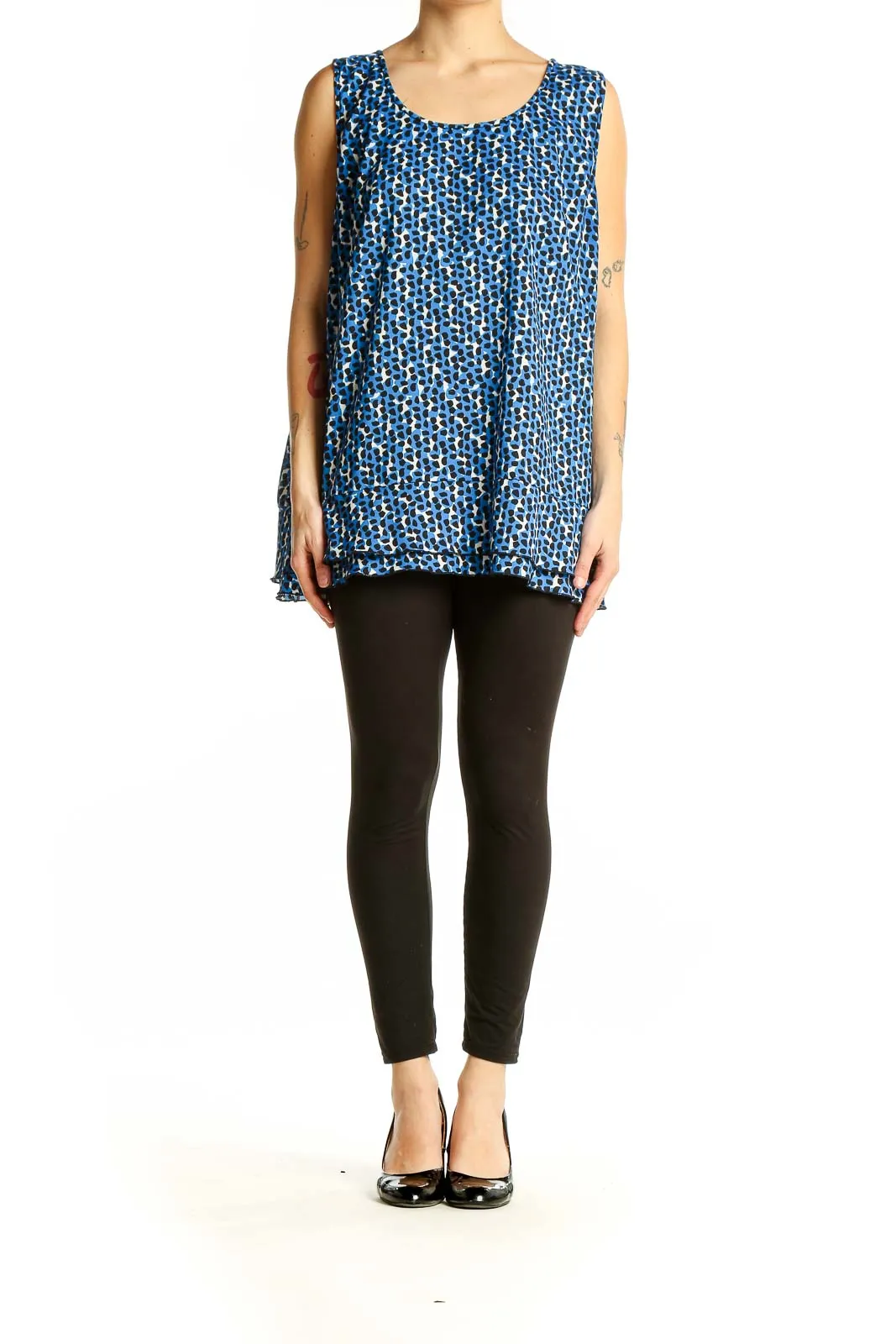Blue Patterned Sleeveless Blouse