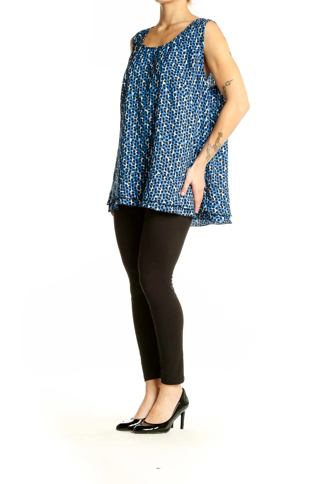 Blue Patterned Sleeveless Blouse