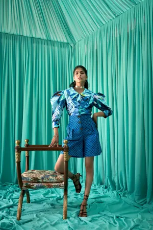Blue Tropical Flora Print Shirt   Short Set