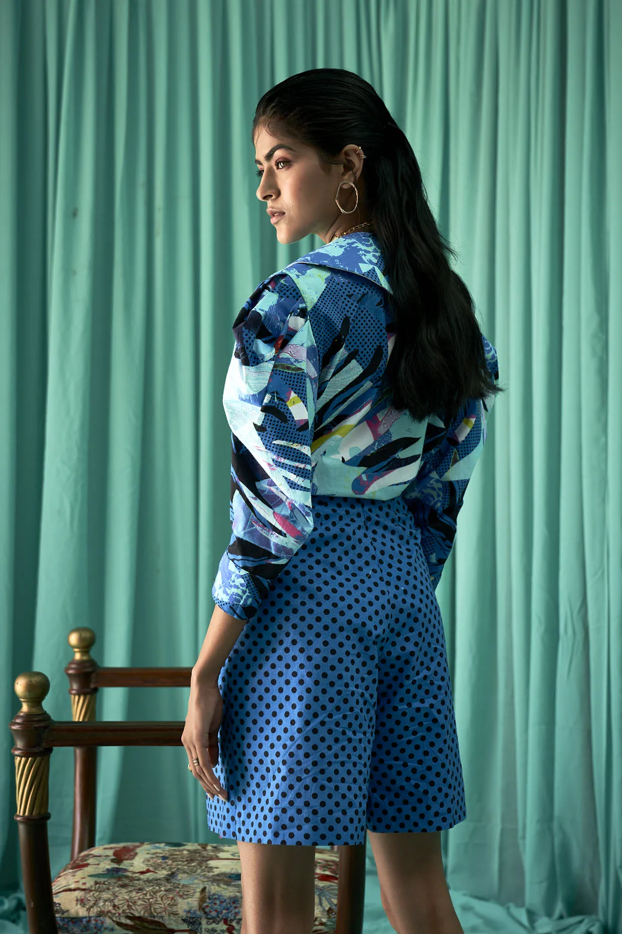 Blue Tropical Flora Print Shirt   Short Set