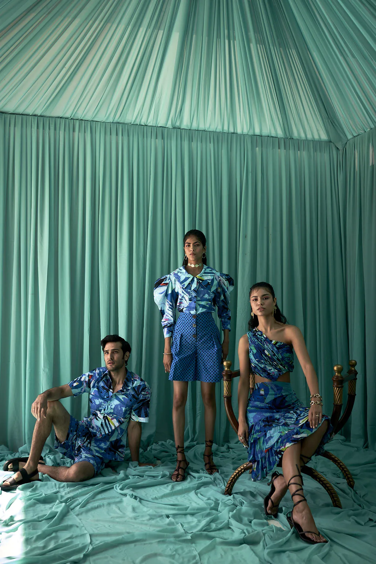 Blue Tropical Flora Print Shirt   Short Set
