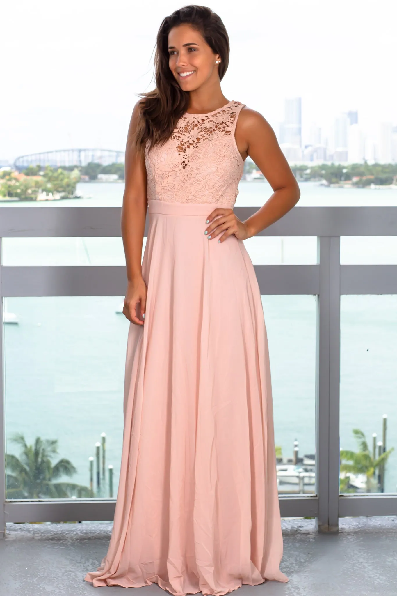 Blush Sleeveless Maxi Dress with Crochet Top