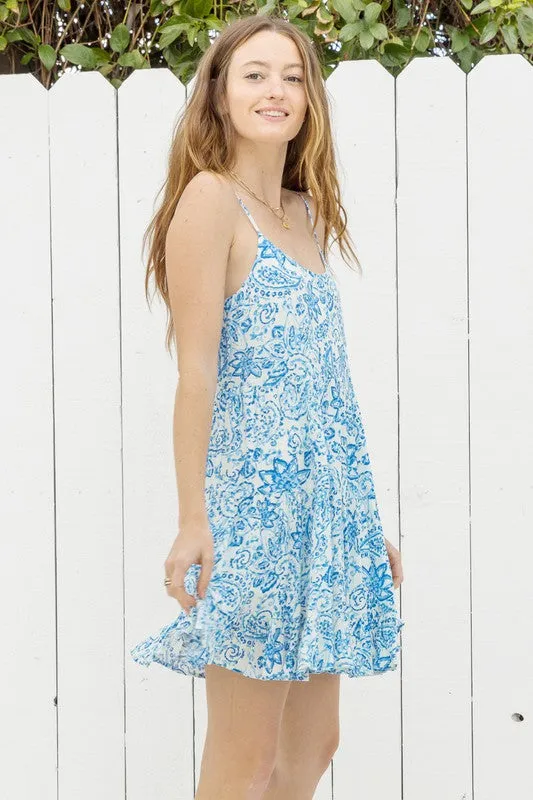 Blu/Wht Paisley Print Spag Strapped Ruffle Hem Dress