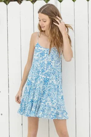 Blu/Wht Paisley Print Spag Strapped Ruffle Hem Dress
