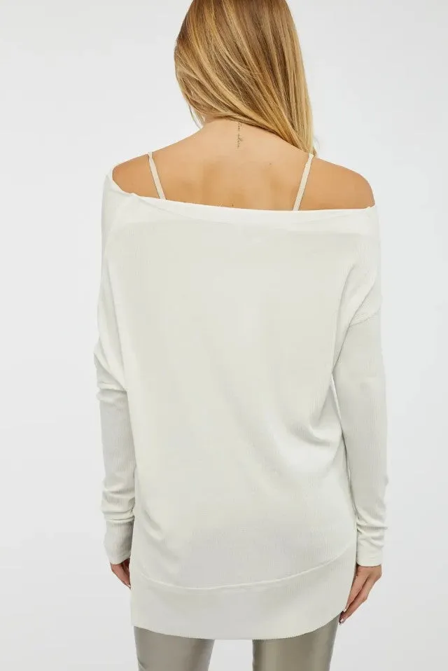 Boat Neck Dolman Sleeve Loose Sweater Top White
