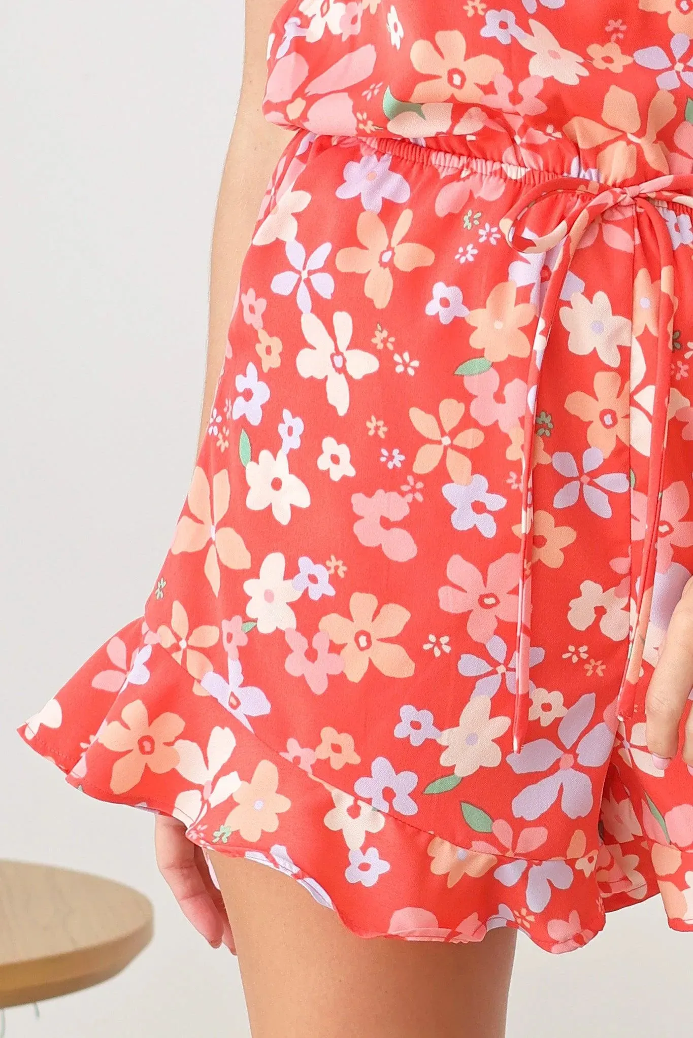 Boho Style Floral Print Spaghetti Strap Belted Waist Line Romper
