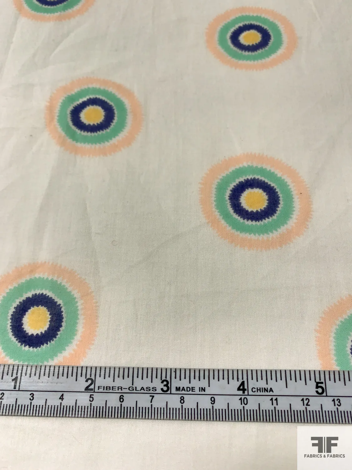 Circle Discs Printed Cotton Voile - Light Ivory / Peach / Seafoam / Navy