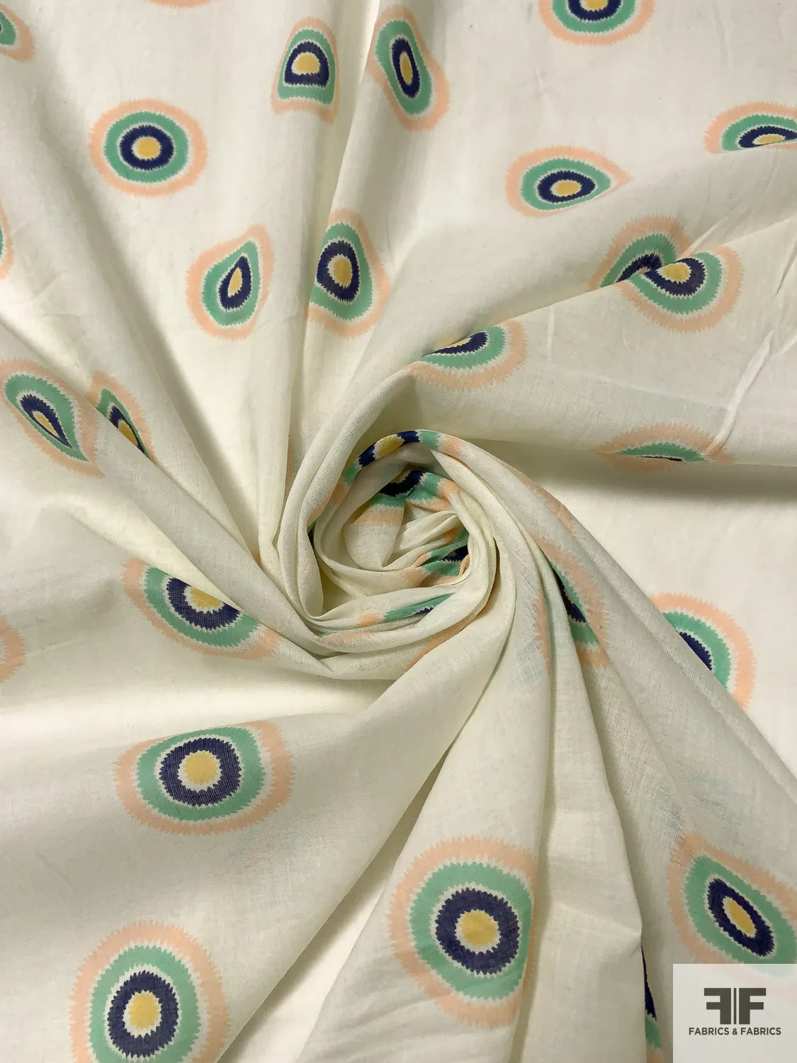Circle Discs Printed Cotton Voile - Light Ivory / Peach / Seafoam / Navy