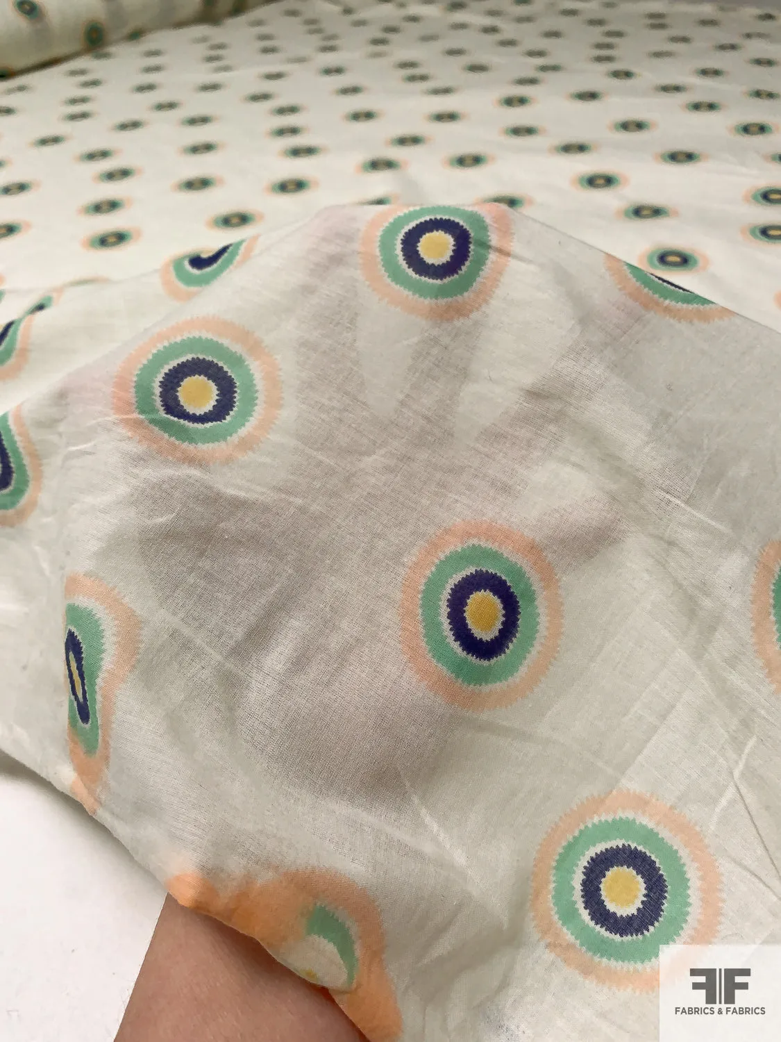 Circle Discs Printed Cotton Voile - Light Ivory / Peach / Seafoam / Navy
