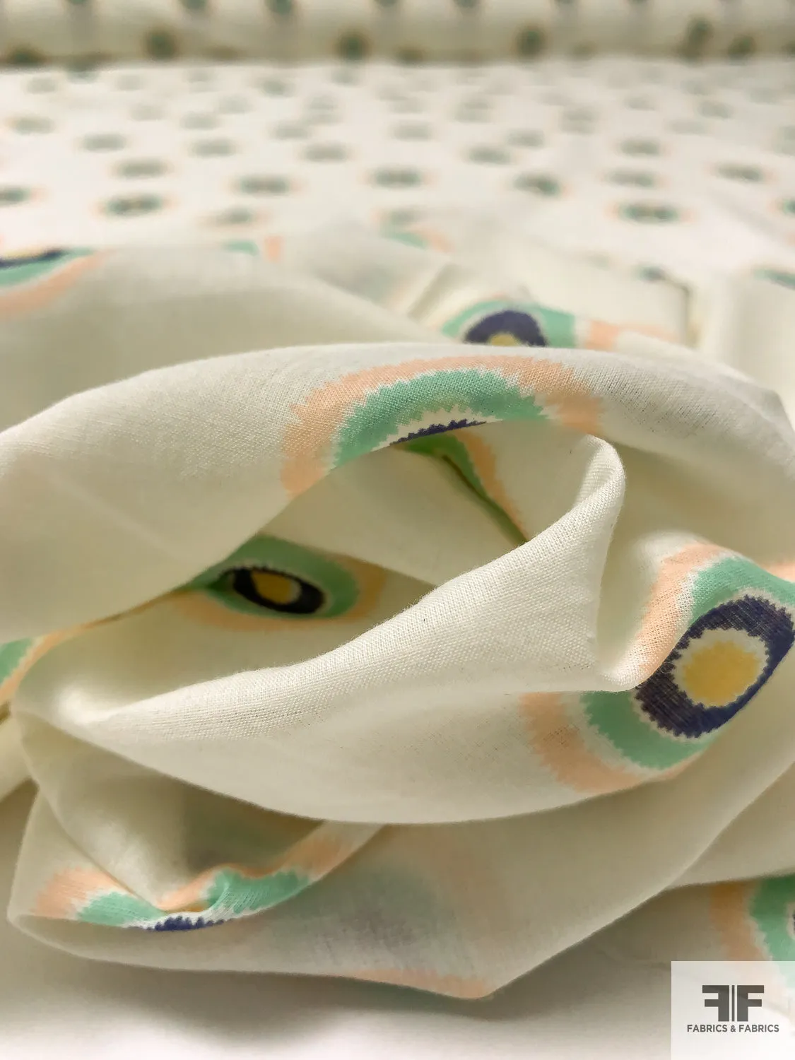 Circle Discs Printed Cotton Voile - Light Ivory / Peach / Seafoam / Navy