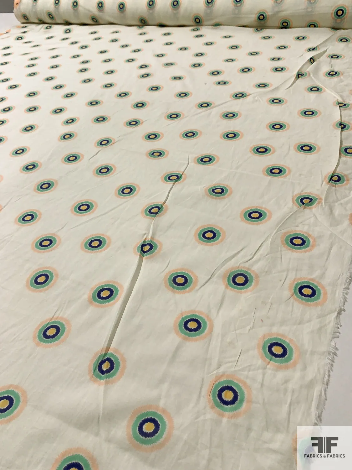 Circle Discs Printed Cotton Voile - Light Ivory / Peach / Seafoam / Navy