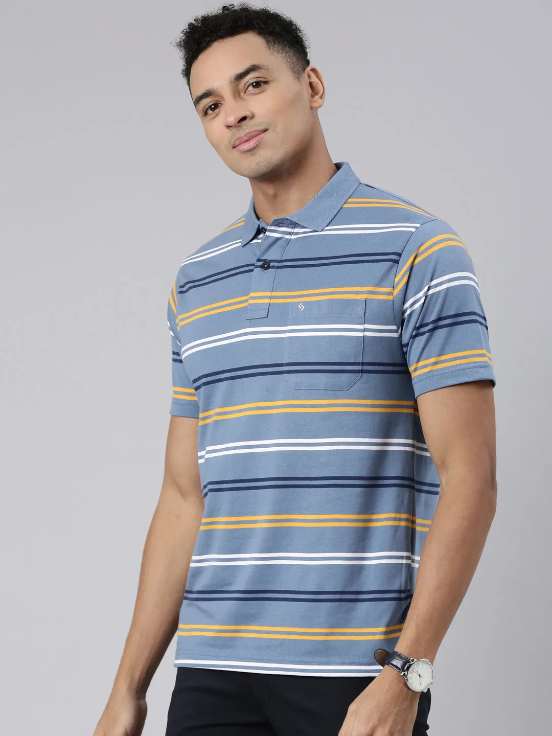 Classic Polo Men's Half Sleeve Blue/Yellow Polo Neck Cotton Blend Authentic Fit T-Shirt | AVON - 573 B AF P