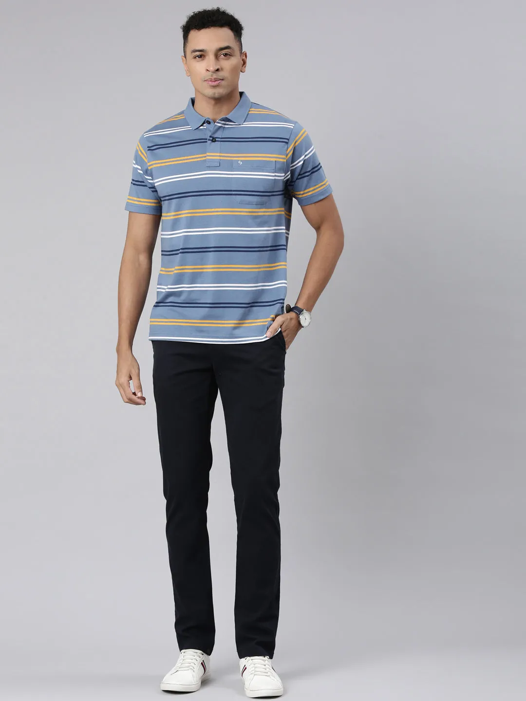 Classic Polo Men's Half Sleeve Blue/Yellow Polo Neck Cotton Blend Authentic Fit T-Shirt | AVON - 573 B AF P