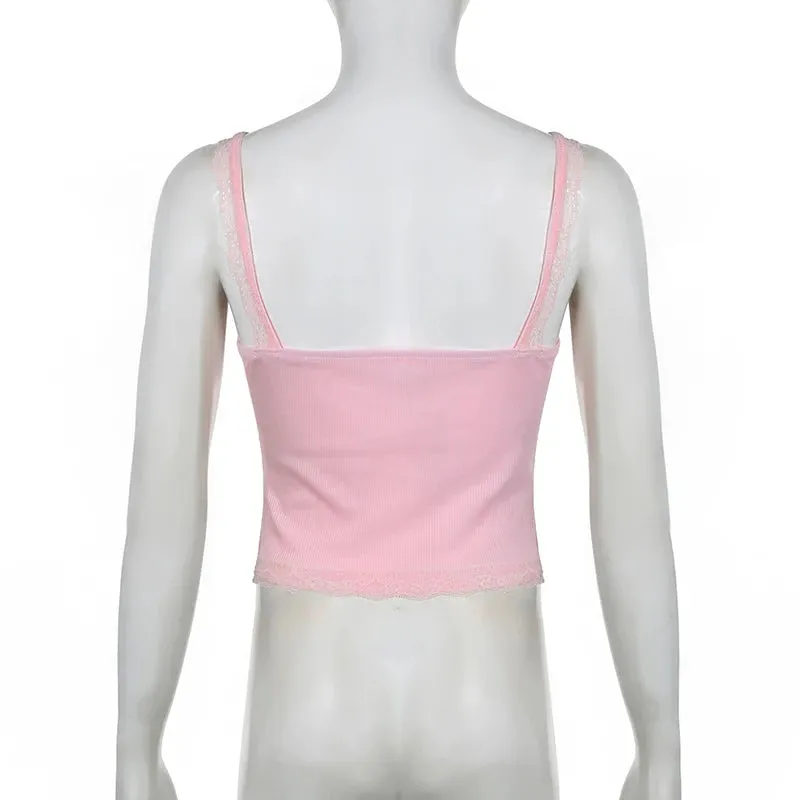 Coquette Hotsweet Lace Trim Summer Camis Tops Mini Bow Knit Fold Pink Korean Fashion Women Crop Tops Cute Y2K Outfits