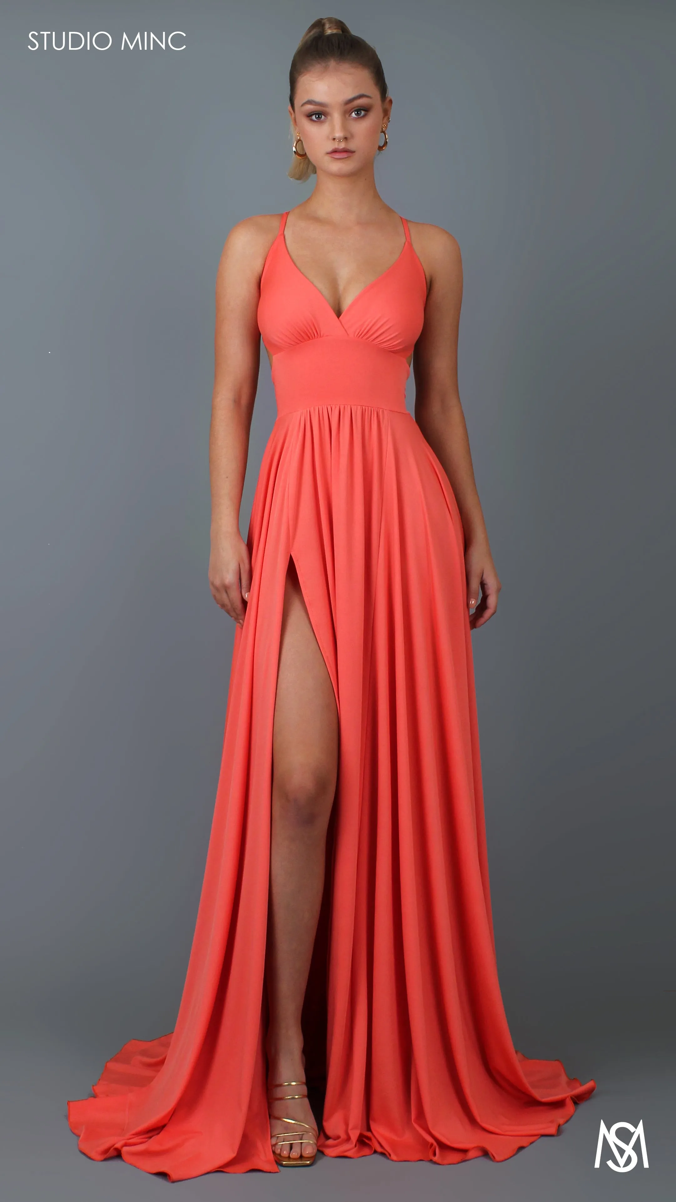 COSMO - Peach Formal Dress with Leg Split & Cut Outs