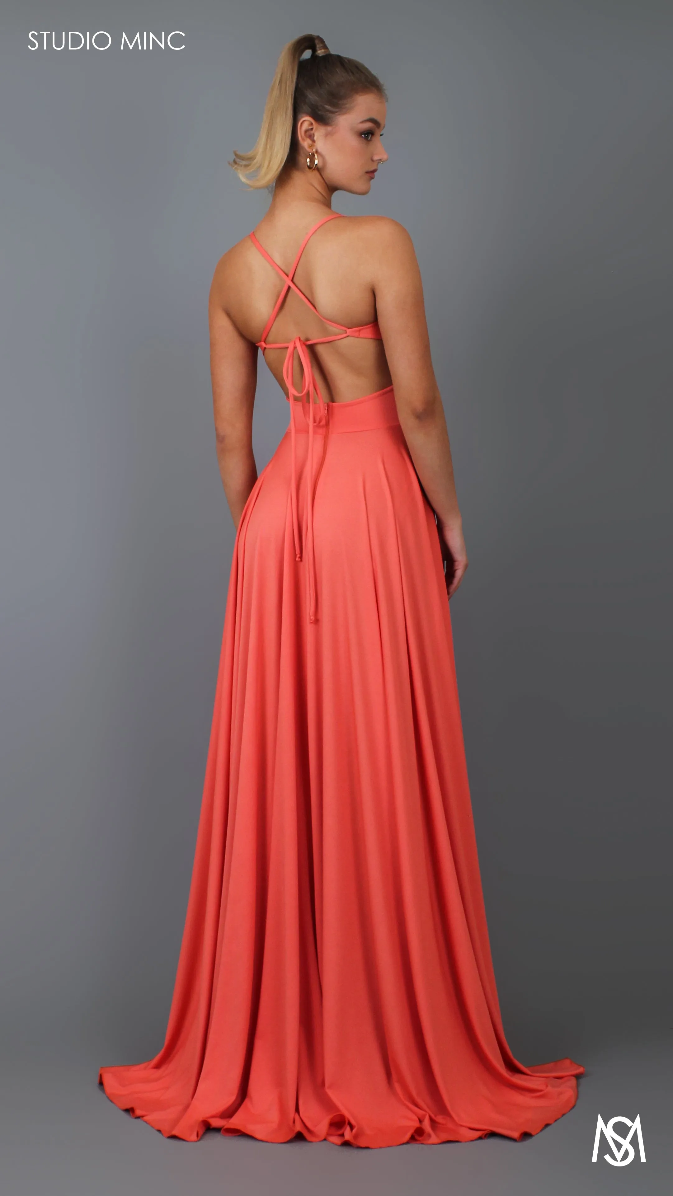 COSMO - Peach Formal Dress with Leg Split & Cut Outs