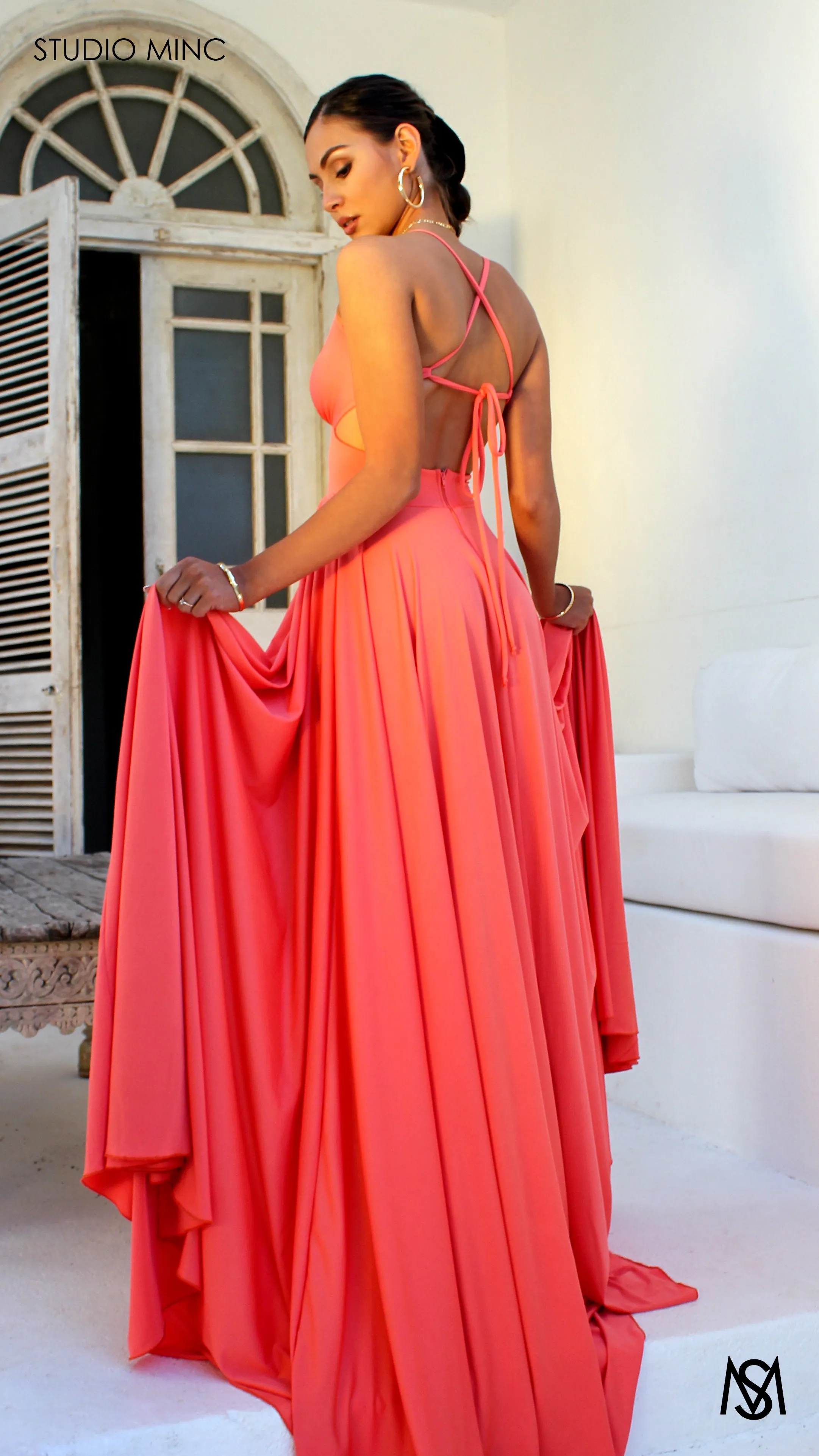 COSMO - Peach Formal Dress with Leg Split & Cut Outs