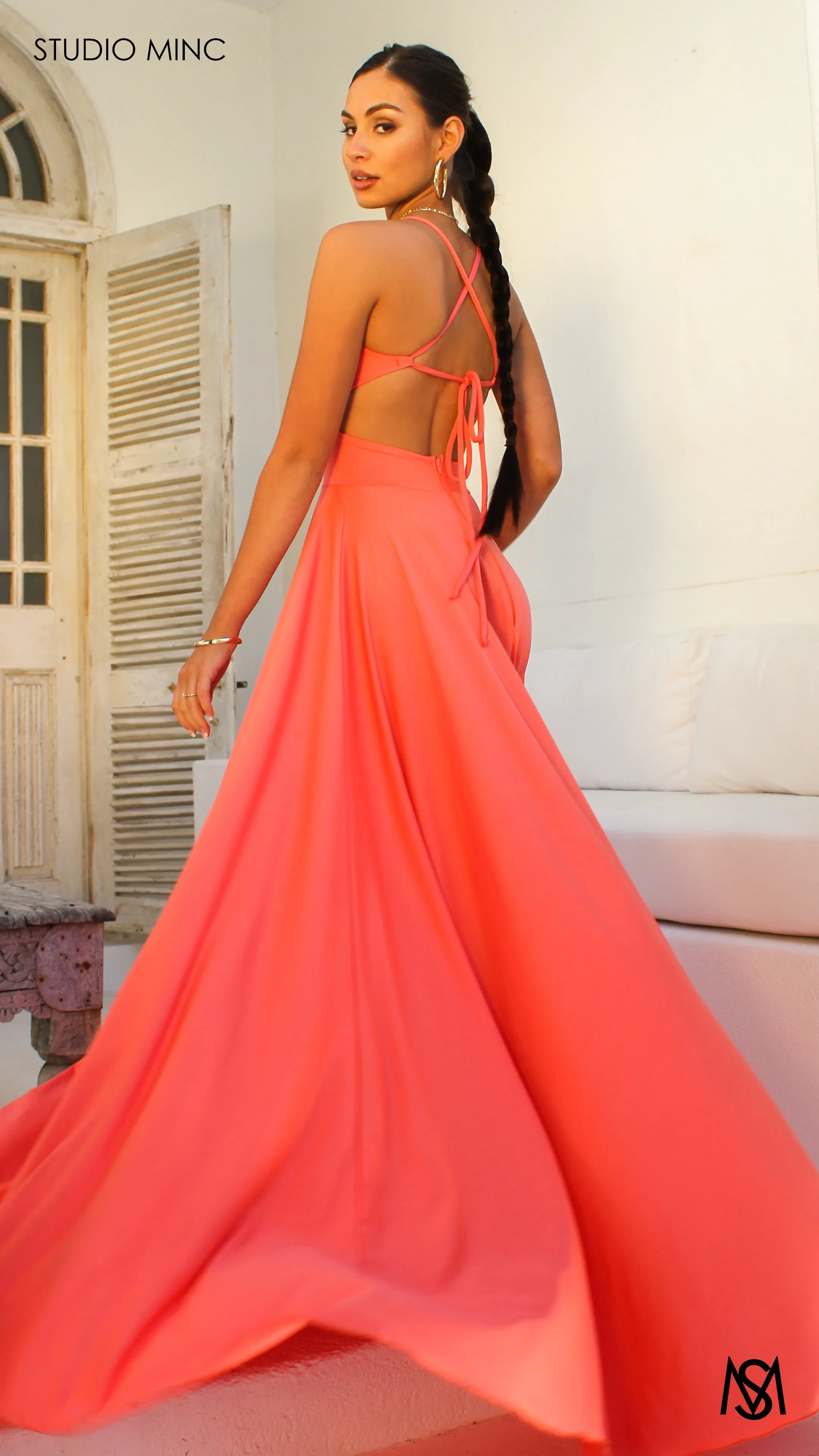 COSMO - Peach Formal Dress with Leg Split & Cut Outs