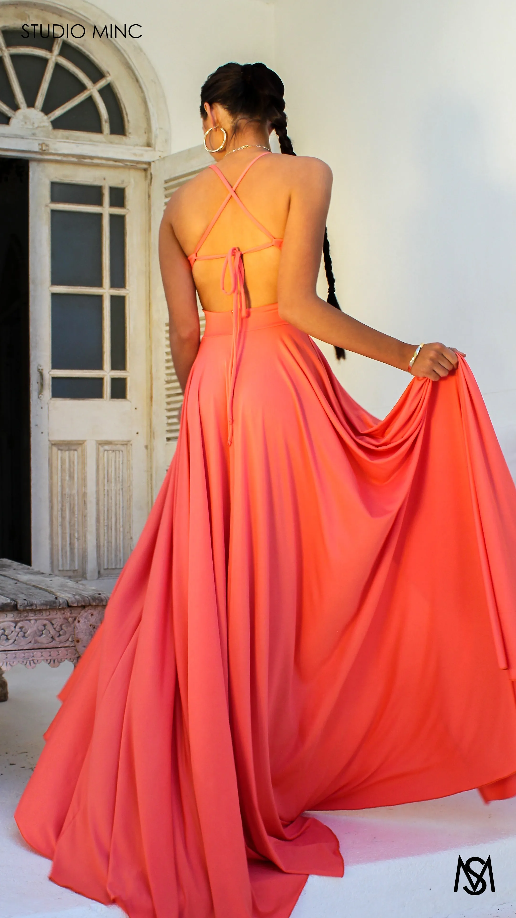 COSMO - Peach Formal Dress with Leg Split & Cut Outs