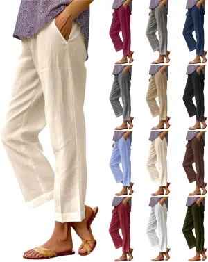 Cropped Linen Pants Women Plus Size Lightweight Summer Pants Straight Wide Leg Crop Pants Beach Pants with Pockets