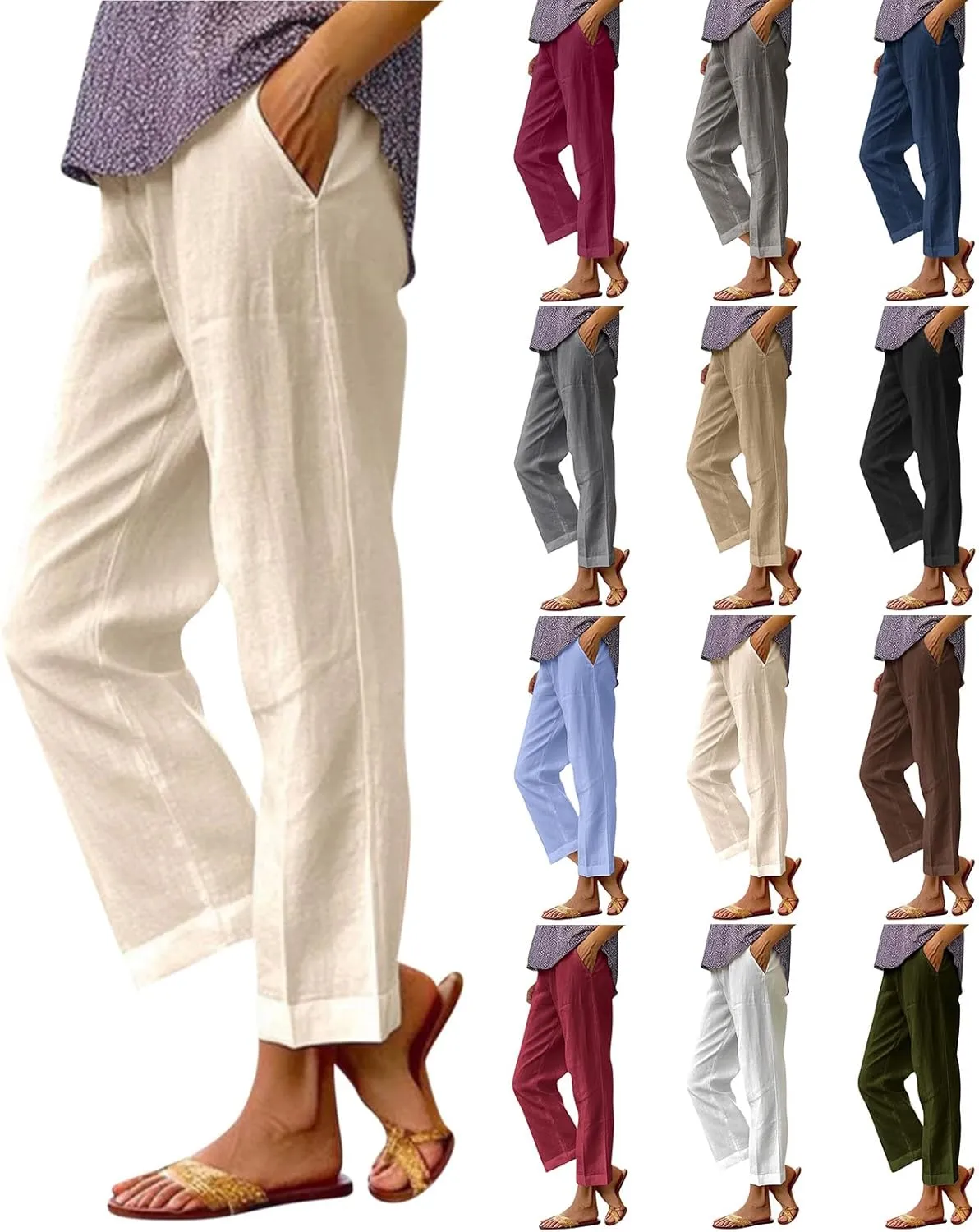 Cropped Linen Pants Women Plus Size Lightweight Summer Pants Straight Wide Leg Crop Pants Beach Pants with Pockets