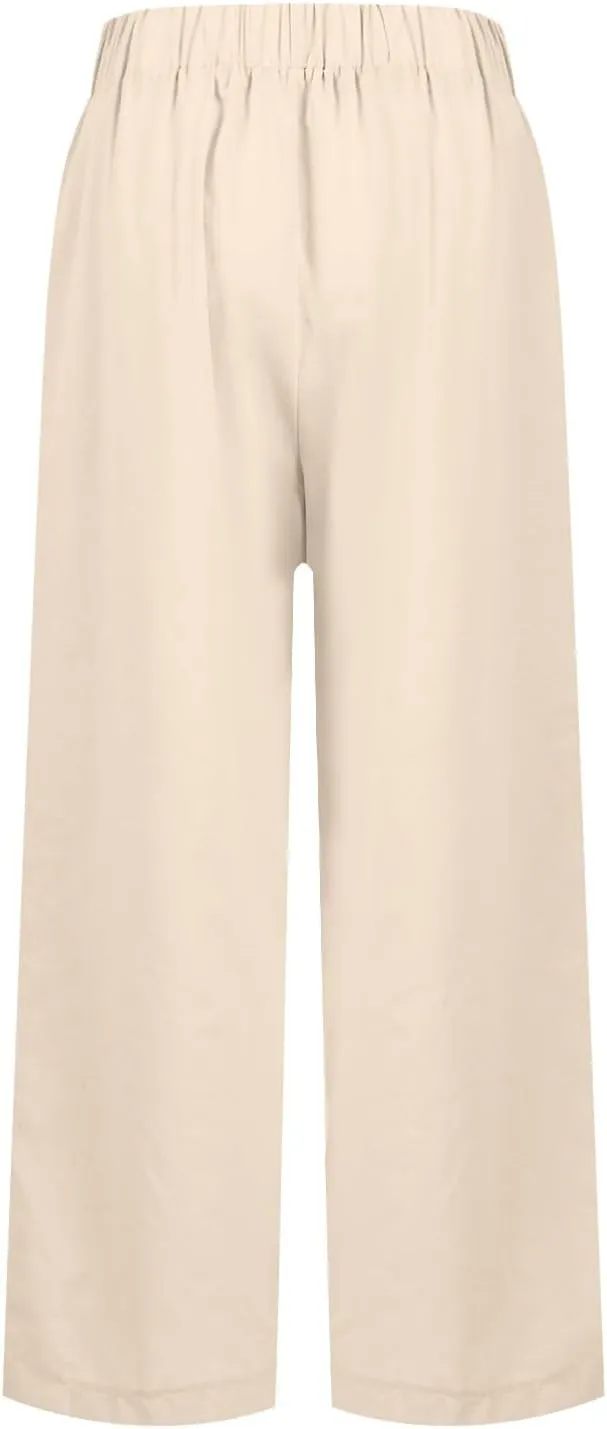 Cropped Linen Pants Women Plus Size Lightweight Summer Pants Straight Wide Leg Crop Pants Beach Pants with Pockets