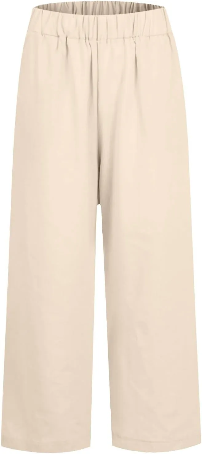 Cropped Linen Pants Women Plus Size Lightweight Summer Pants Straight Wide Leg Crop Pants Beach Pants with Pockets