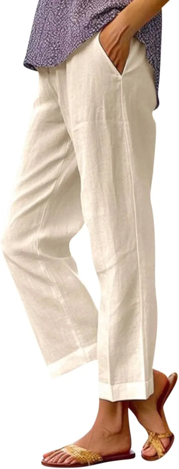 Cropped Linen Pants Women Plus Size Lightweight Summer Pants Straight Wide Leg Crop Pants Beach Pants with Pockets