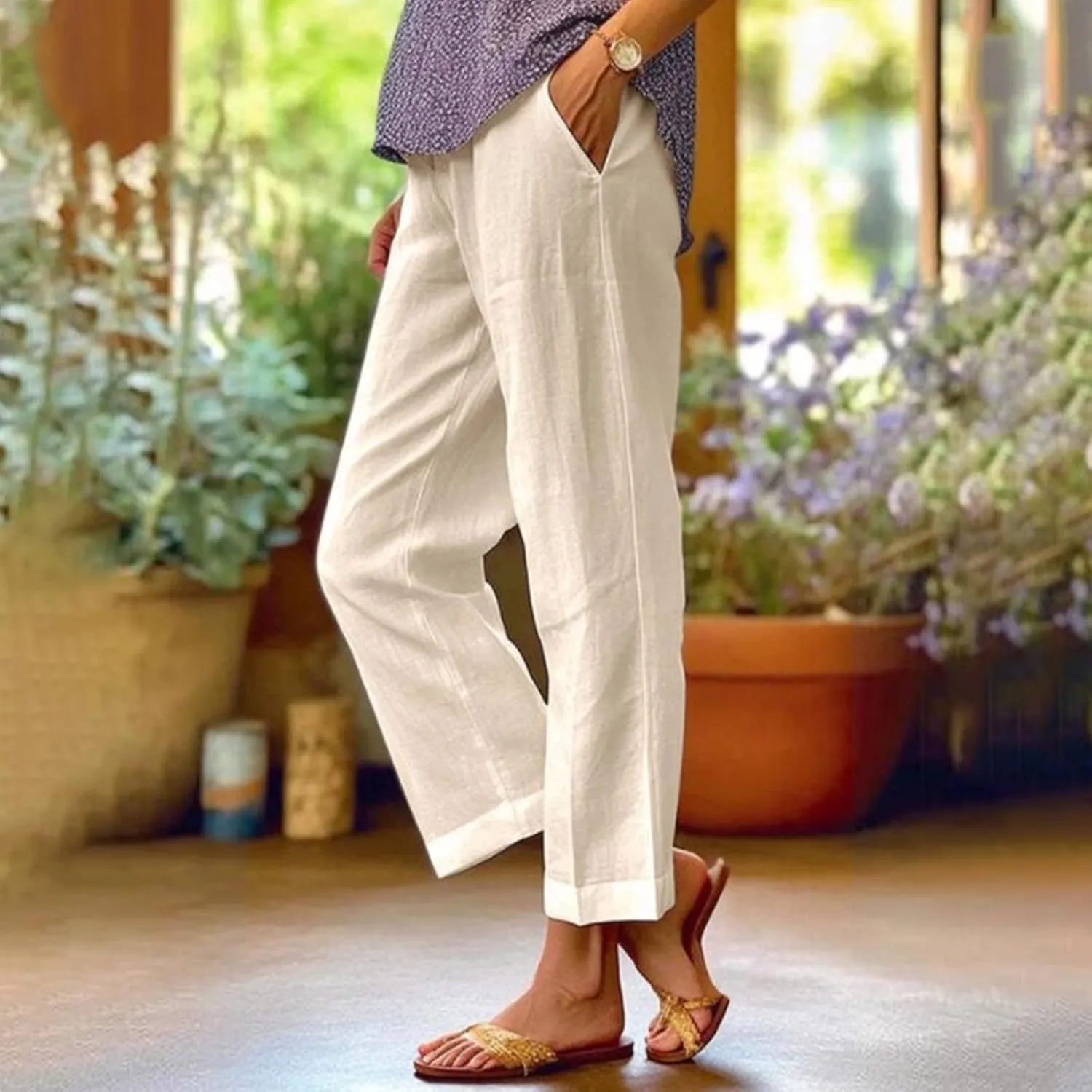 Cropped Linen Pants Women Plus Size Lightweight Summer Pants Straight Wide Leg Crop Pants Beach Pants with Pockets