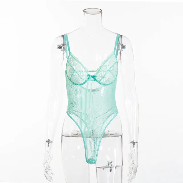 Cryptographic hot sale sheer lace bodysuit women backless transparent mesh bow sexy jumpsuit 2020 catsuit straps bodysuits thong