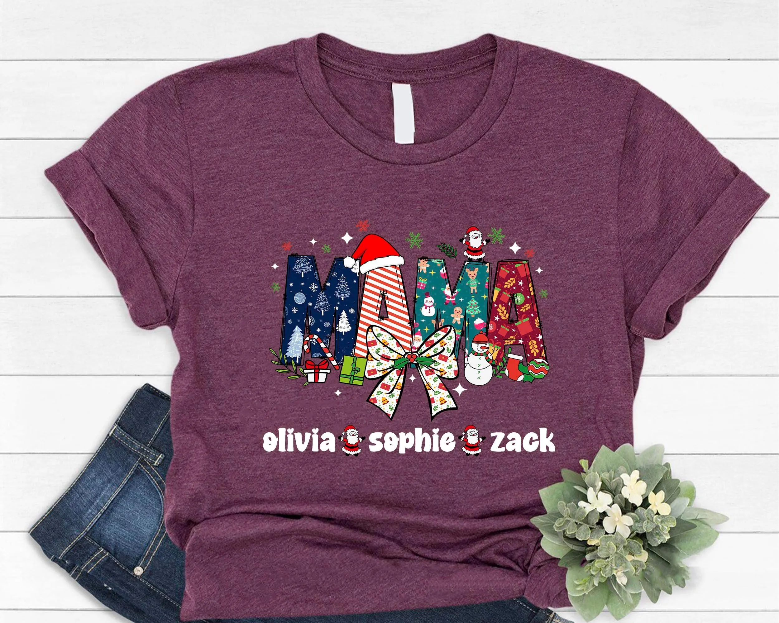 Custom Christmas Mama Shirt, Christmas Mama Shirt With Kids Name, Mama Claus Shirt