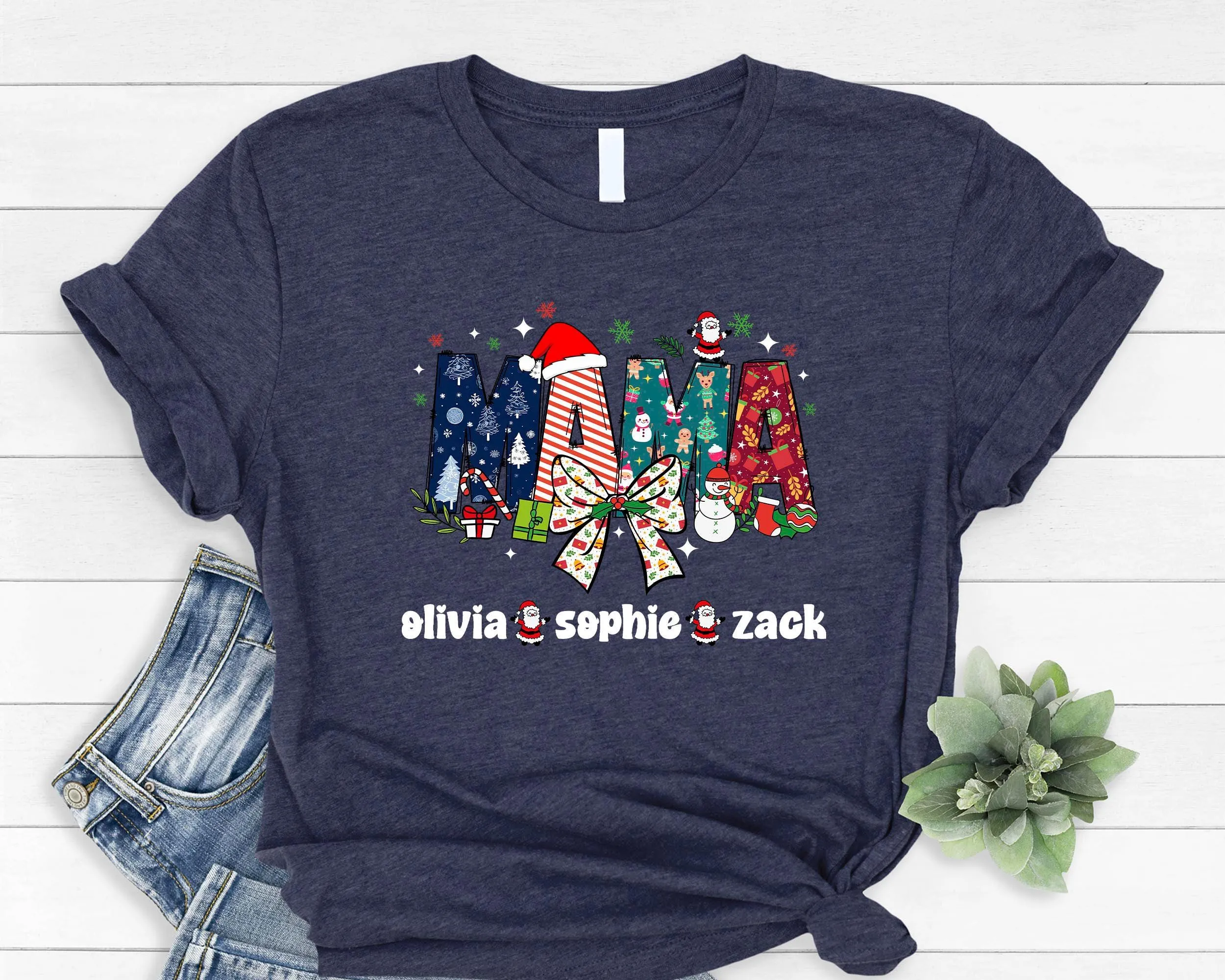 Custom Christmas Mama Shirt, Christmas Mama Shirt With Kids Name, Mama Claus Shirt