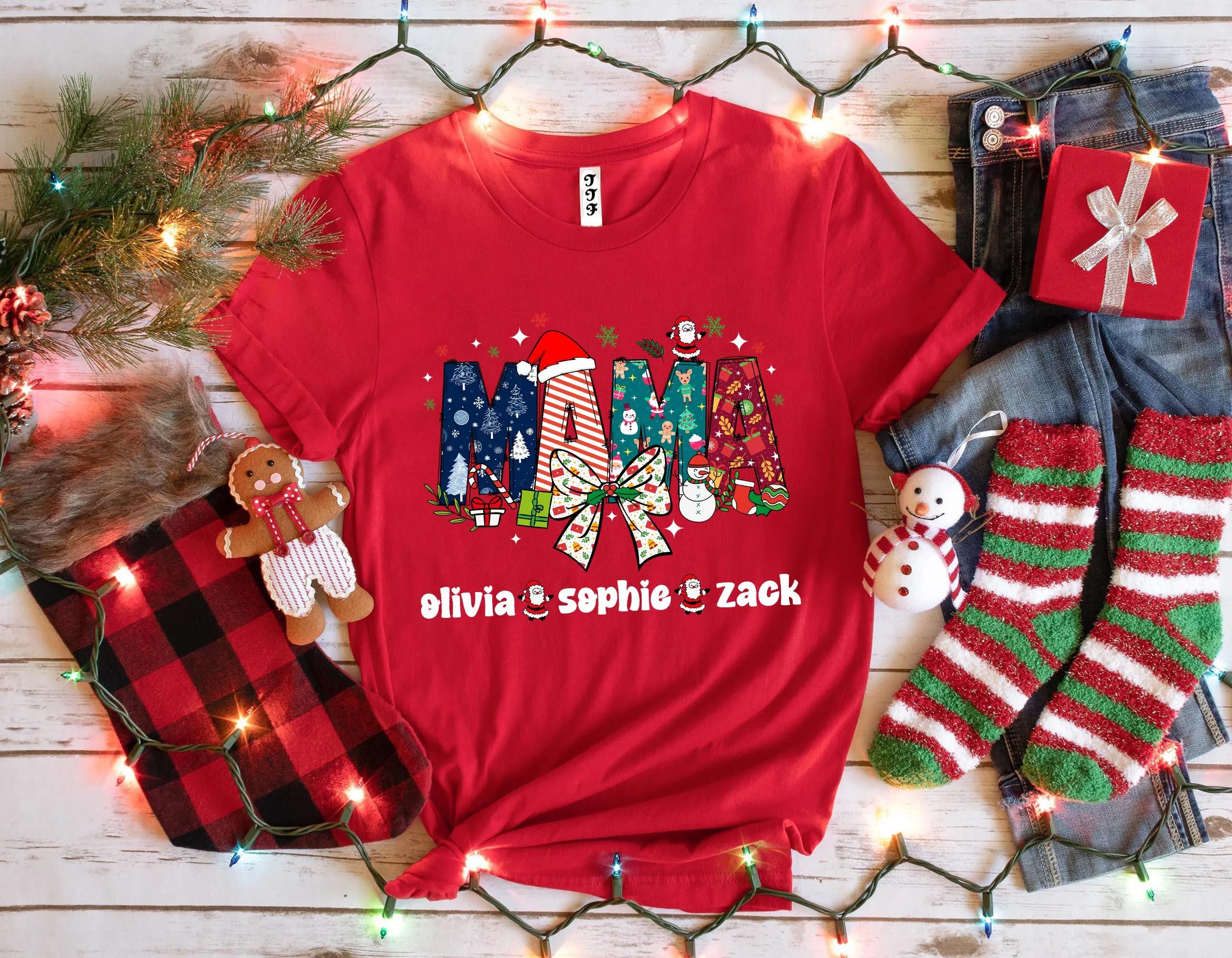 Custom Christmas Mama Shirt, Christmas Mama Shirt With Kids Name, Mama Claus Shirt