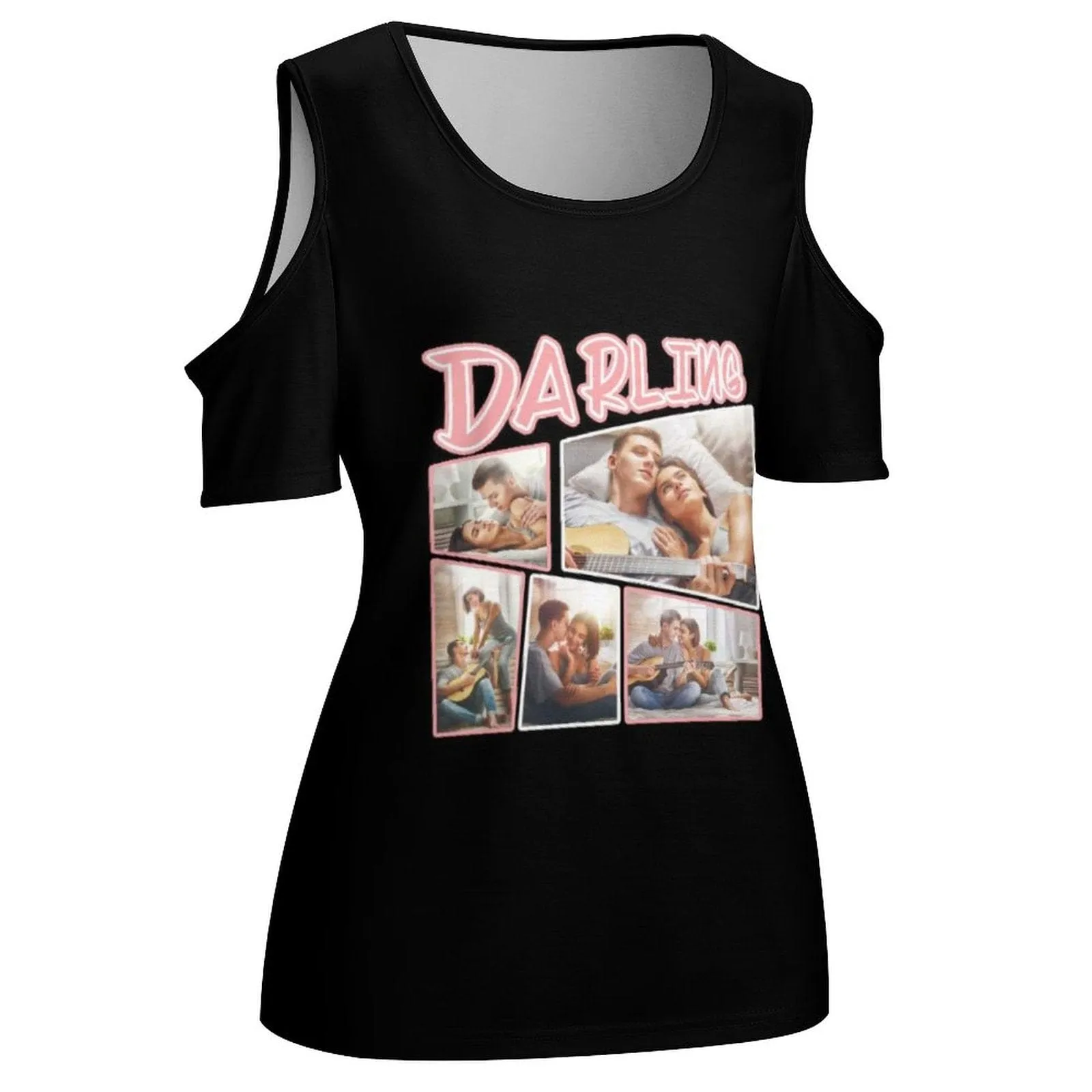 Custom Photo Shirts Women's Darling Tie Off The Shoulder Round Neck Short Sleeve Top