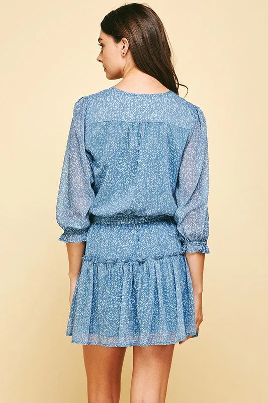Dusty Blue Dot Pattern Ruffle 3/4 Slv Dress
