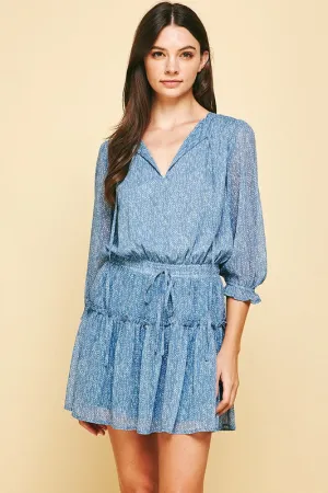 Dusty Blue Dot Pattern Ruffle 3/4 Slv Dress