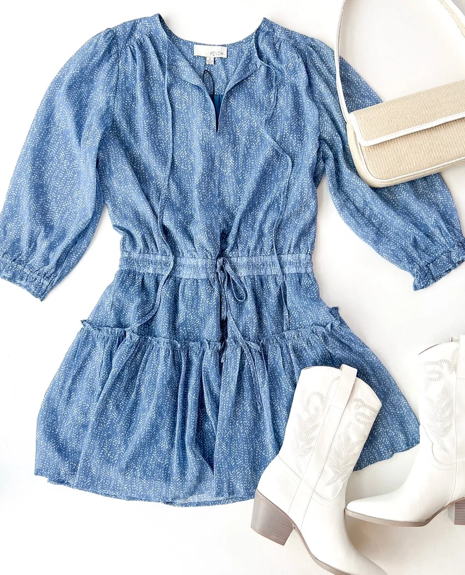 Dusty Blue Dot Pattern Ruffle 3/4 Slv Dress