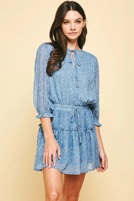 Dusty Blue Dot Pattern Ruffle 3/4 Slv Dress