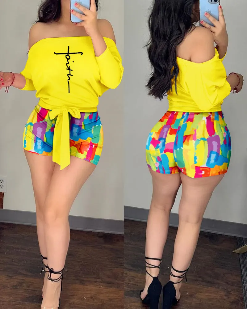 Faith Print Off the Shoulder Colorblock Chic Tied Detail Rompers with Belt