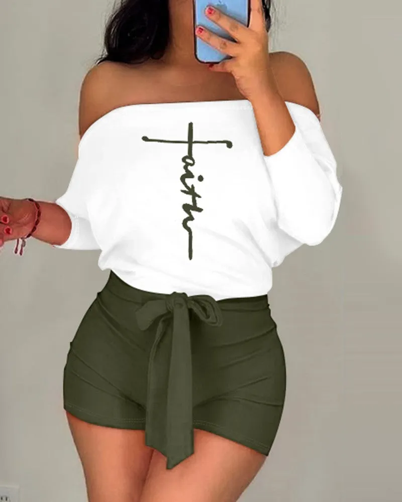 Faith Print Tied Detail Off Shoulder Romper