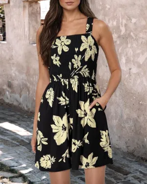 Floral Print Square Neck Ruched Romper Casual Sleeveless Wide Leg Short Jumpsuit