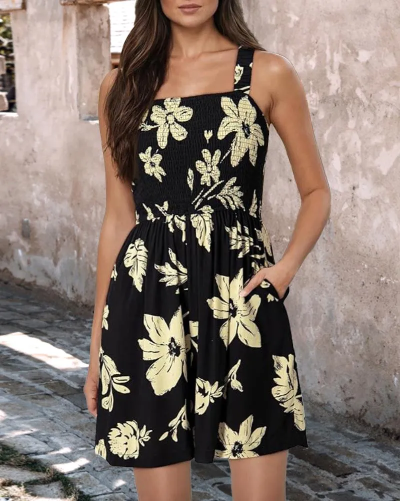 Floral Print Square Neck Ruched Romper Casual Sleeveless Wide Leg Short Jumpsuit