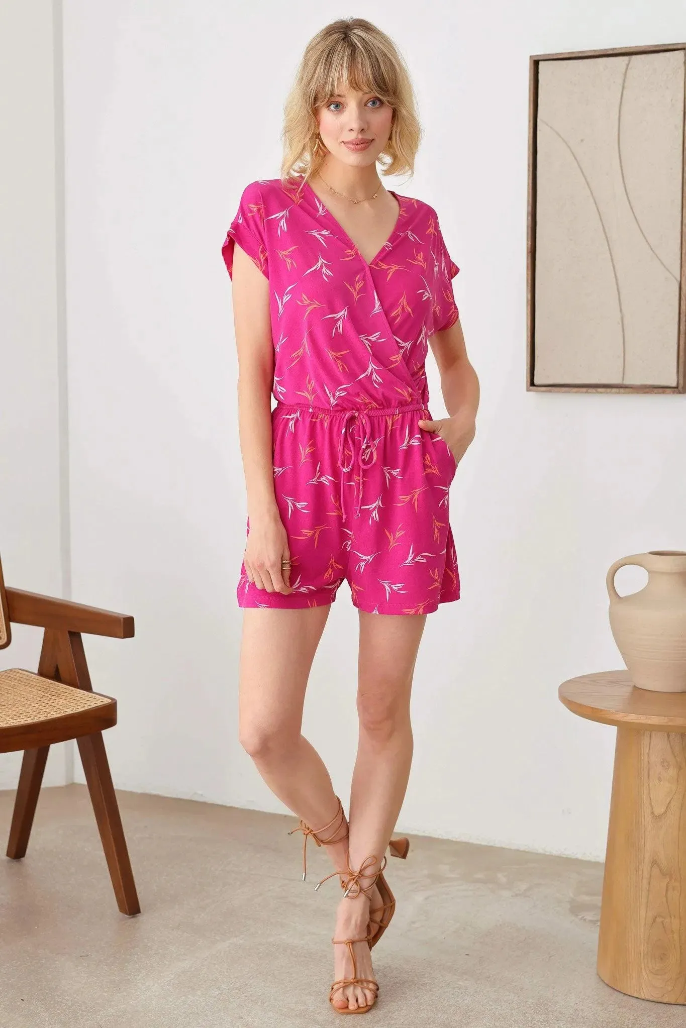 Floral Warp Button Closure On The Side elastic Waist Line Front Tie Romper